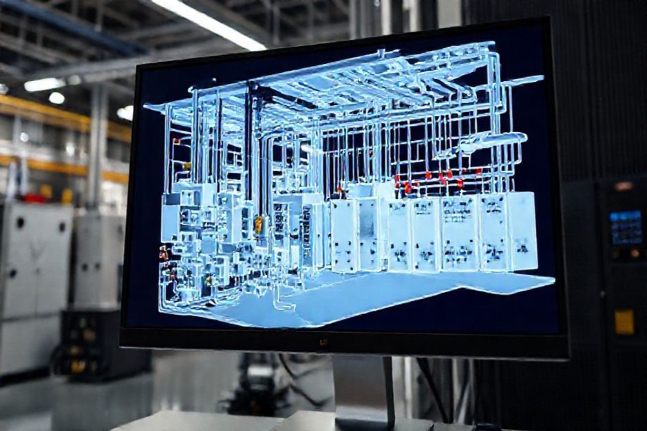 Close-up view of a 3D model of an industrial facility's electrical infrastructure created by Advanced Mechanix for a client in Fort Worth, Texas.