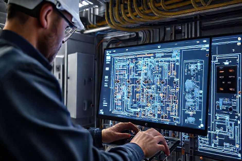 Electrical engineer using 3D modeling software to design a digital twin of a mining facility's electrical distribution system in Gold Coast, Australia.