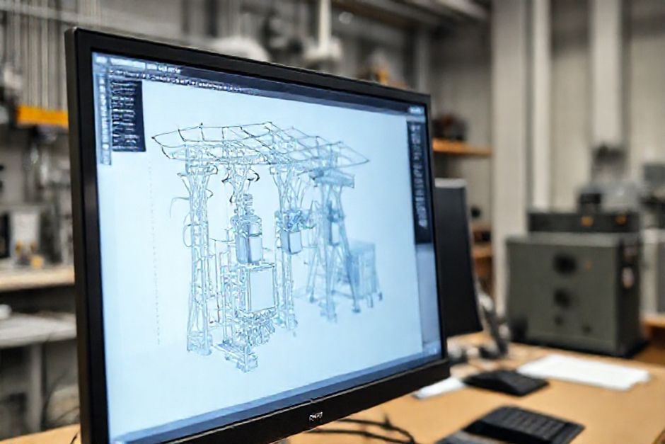 A 3D model of a medium voltage electrical system displayed on a computer screen at Advanced Mechanix's offices.