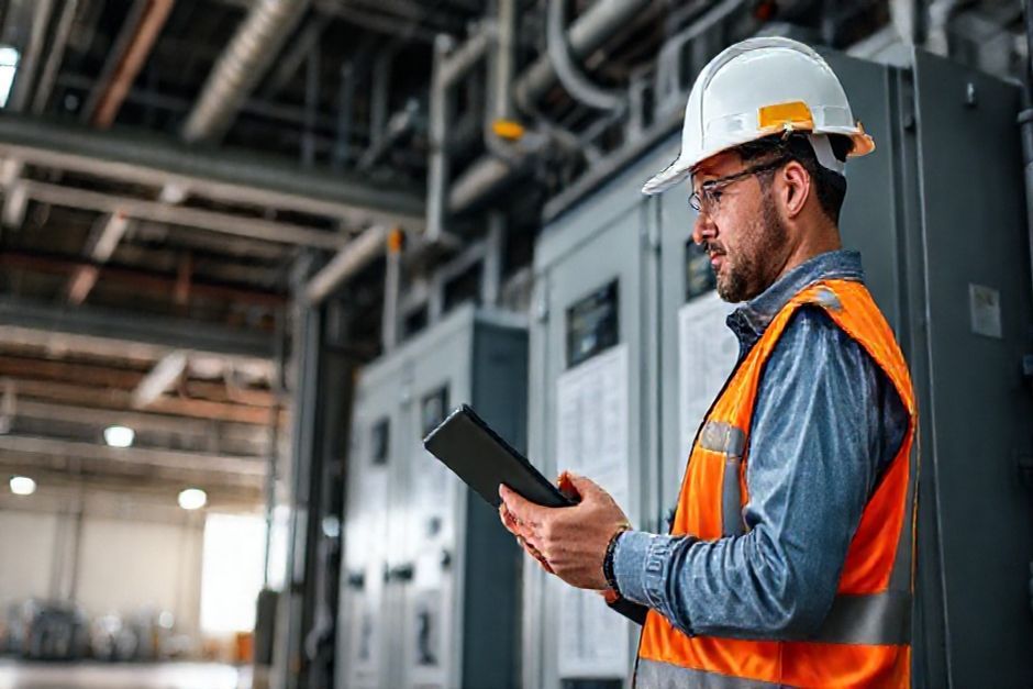 Advanced Mechanix engineer reviewing 3D models and electrical schematics for a Houston mining operation