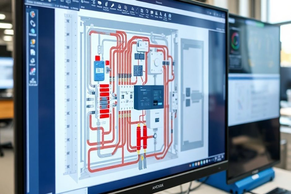Close-up view of a 3D model of an electrical panel layout used for design optimization