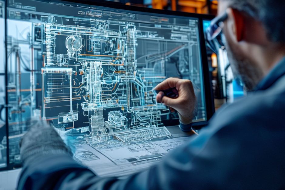 Engineer using advanced CAD software to create detailed 3D electrical schematics for a New York industrial facility.
