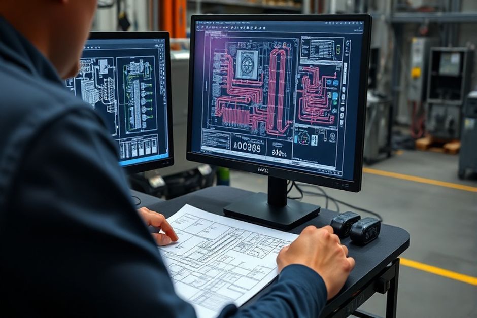 Advanced Mechanix engineer using CAD software to draft electrical plans for an Austin industrial facility