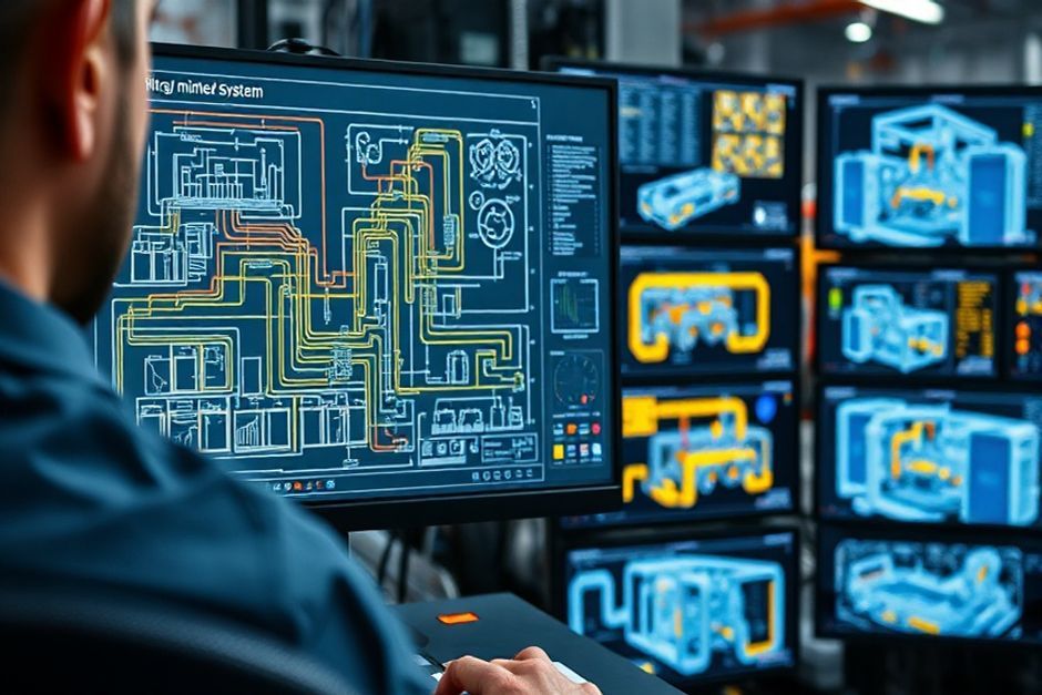 Engineer using AutoCAD Electrical software to create a 3D model of an industrial control system