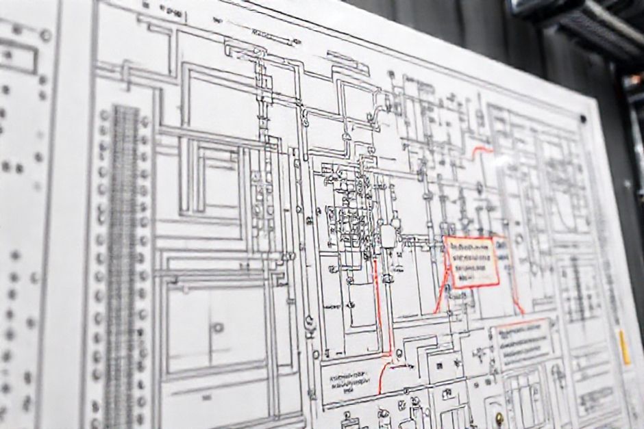 Close-up view of an AutoCAD Electrical schematic showing power distribution design with annotations for Dallas Electrical Code compliance.