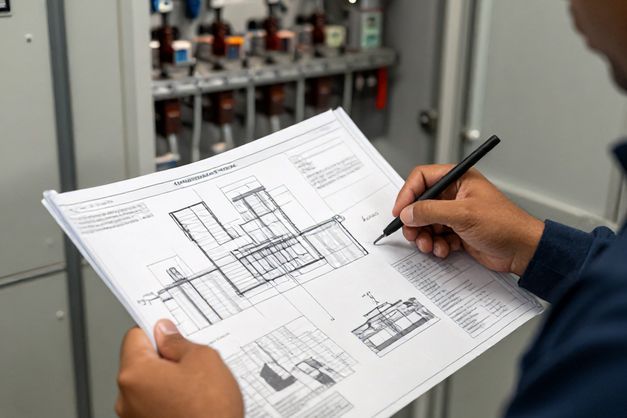 An electrical engineer from Advanced Mechanix reviews detailed AutoCAD schematics and diagrams for a mining facility in Jacksonville, Florida.