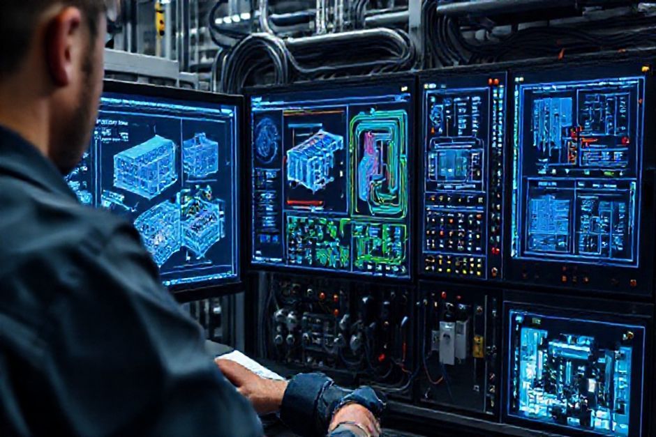 Engineer using CAD software to design the electrical and control systems for an automated mining operation in San Jose.