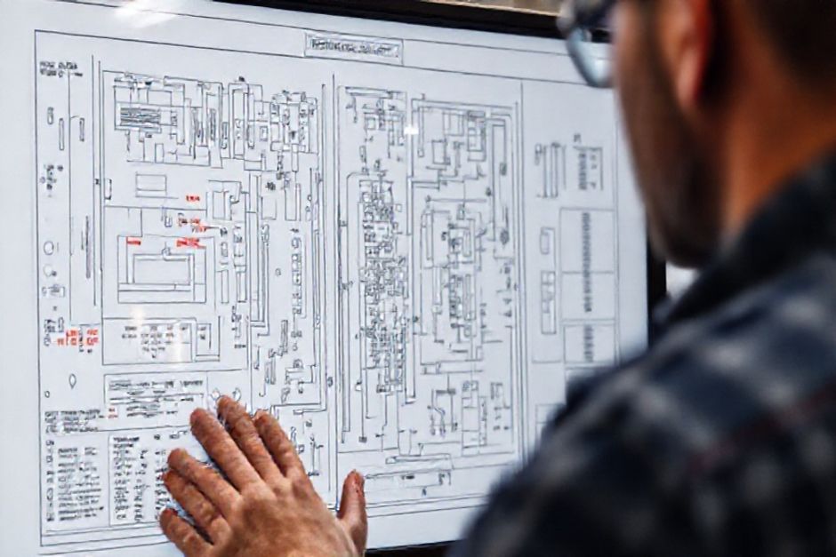 Close-up view of an electrical CAD drawing being reviewed by an Advanced Mechanix engineer.