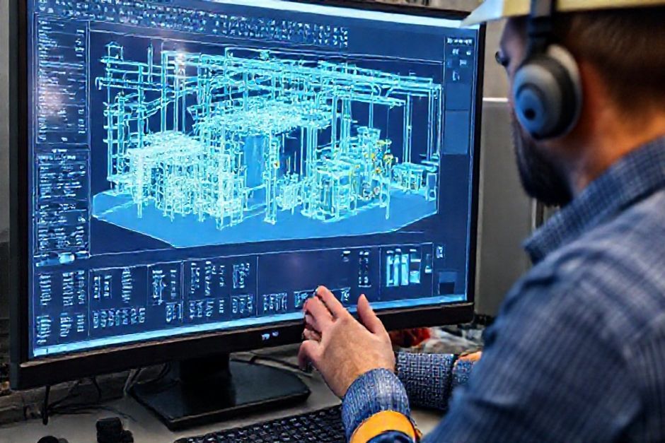 Electrical engineer from Advanced Mechanix reviewing a 3D model of a mining facility's power distribution system using specialized CAD software.