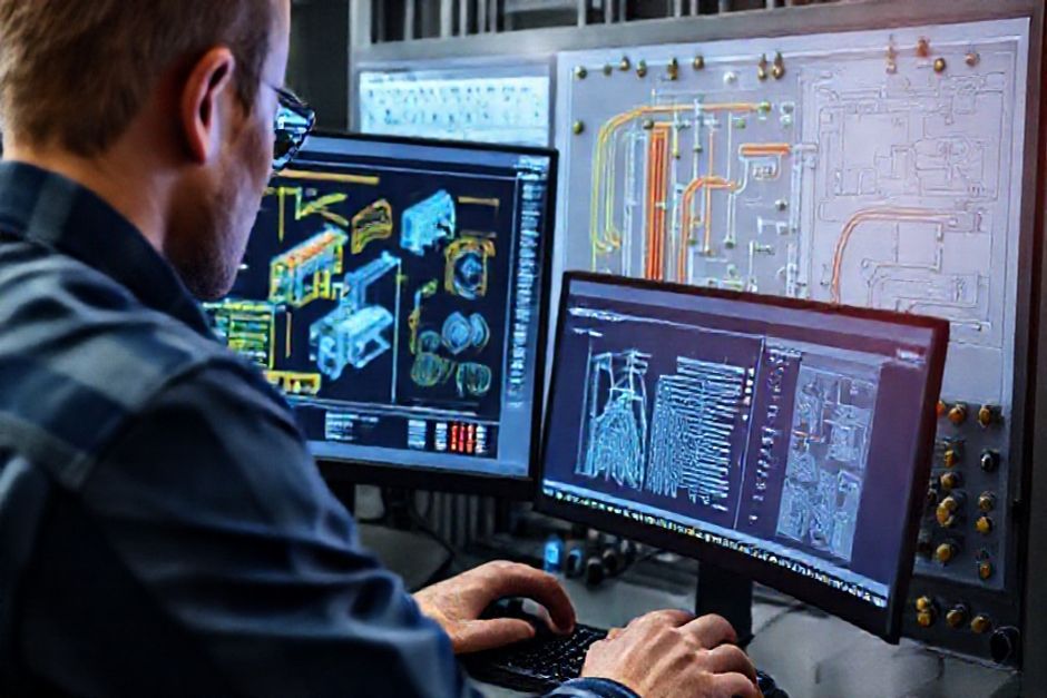 An electrical engineer from Advanced Mechanix uses specialized CAD software to create detailed, code-compliant designs for a mining operation's power distribution system in Melbourne.