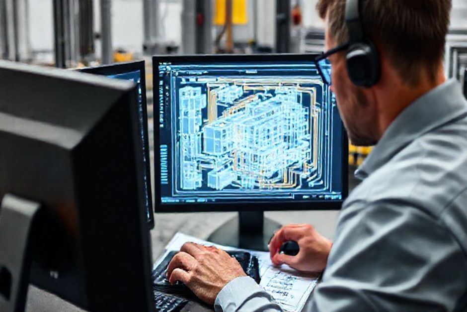 Close-up view of an Advanced Mechanix CAD specialist using AutoCAD to create a detailed 3D electrical model for a construction project in Sydney.