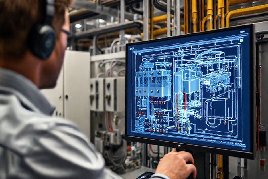 Electrical engineer using advanced CAD software to design energy-efficient power distribution and control systems for an industrial facility in Adelaide, Australia.