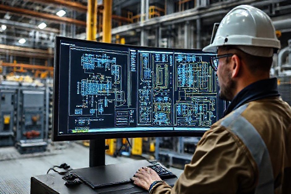 A mining engineer from Advanced Mechanix using MicroStation and SkyCAD software to create detailed electrical schematics for a mining facility in the Chicago region.