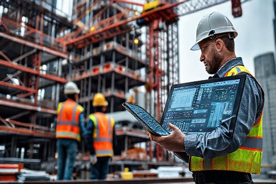An Advanced Mechanix engineer reviewing PLC controls at a construction site in New York City.