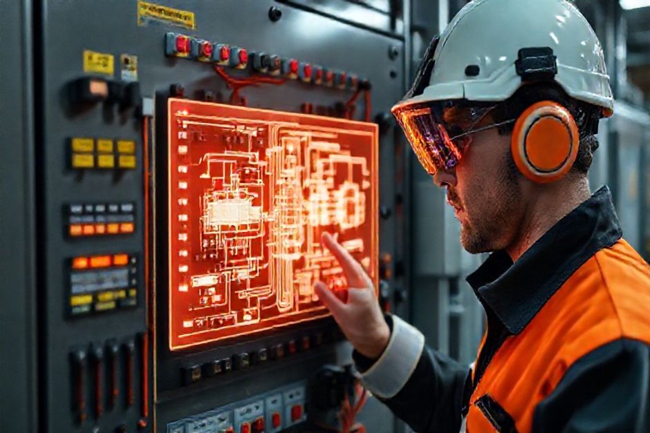 An Advanced Mechanix engineer using augmented reality to interact with a digital twin model of a control panel system.
