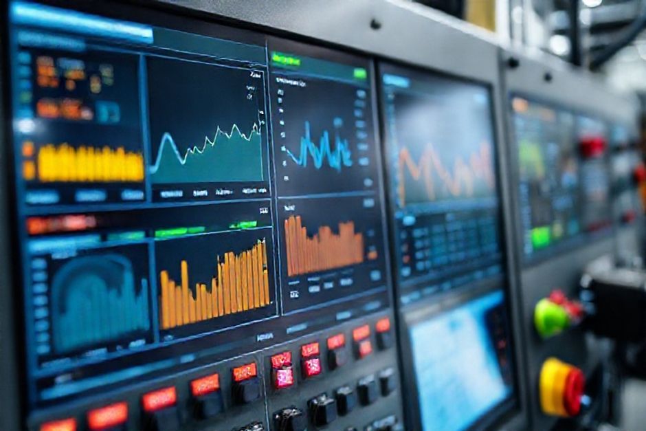 A close-up view of an advanced control system interface, displaying real-time data and analytics for a mining operation in Chicago.