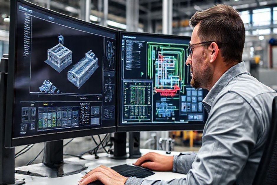 Engineer using CAD software to design a process control system for a Dallas industrial facility.