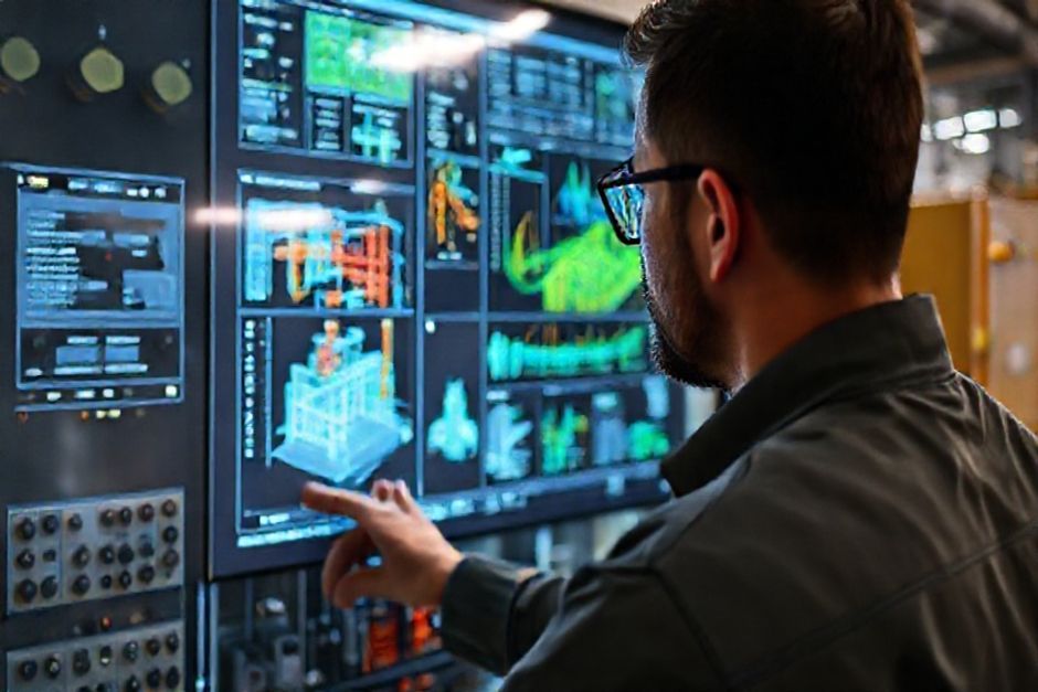 Electrical engineer using a digital twin simulation to optimize power distribution design for a mining facility in Fort Worth, Texas.