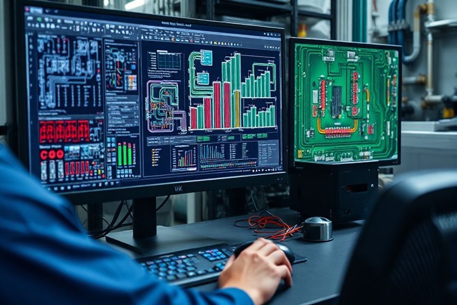 Close-up view of an electrical engineer's workstation with advanced CAD software and 3D models of industrial control systems.