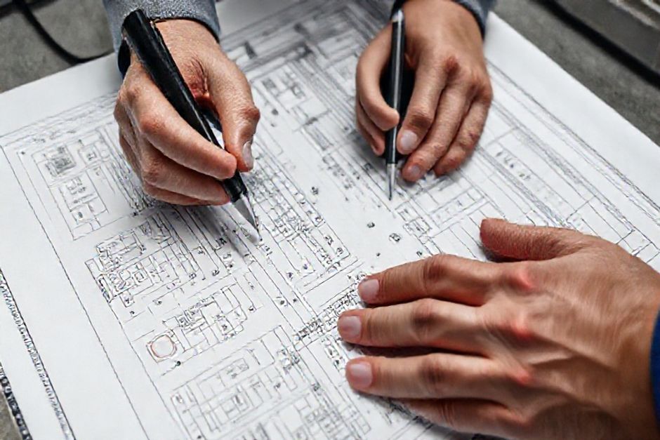 Close-up view of an electrical CAD drawing being reviewed by an engineer, highlighting the level of detail and precision required for Dallas-area projects.