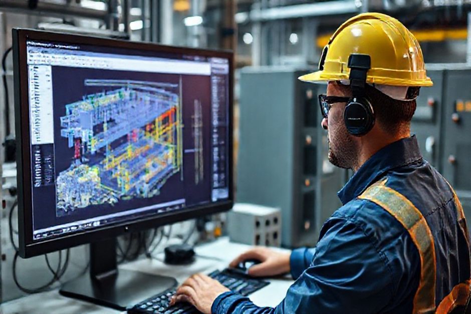 Electrical engineer using CAD software to design power distribution for mining operation in Phoenix