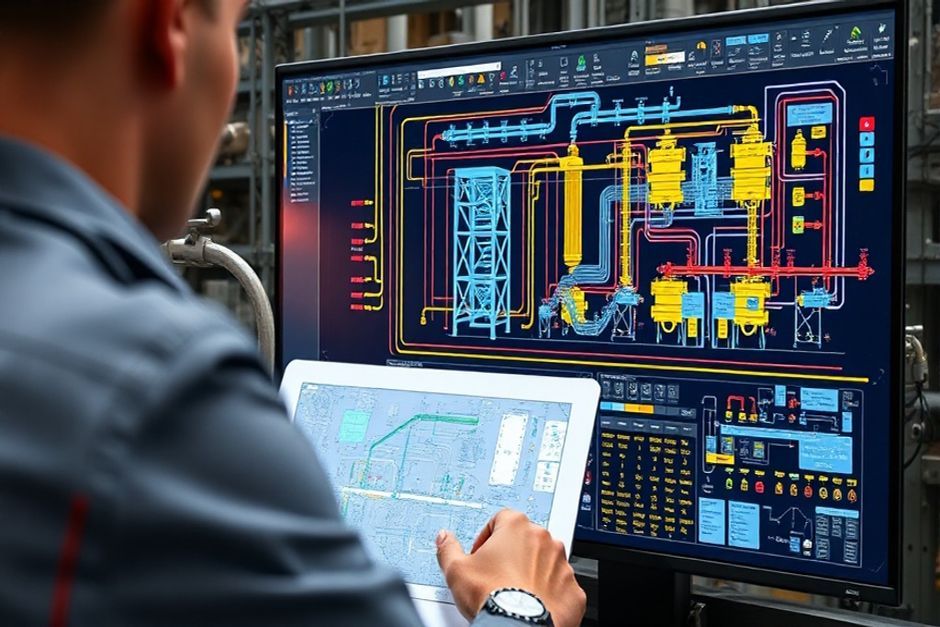 Electrical engineer using CAD software to create a digital twin of a mining site's electrical systems in Adelaide, South Australia.