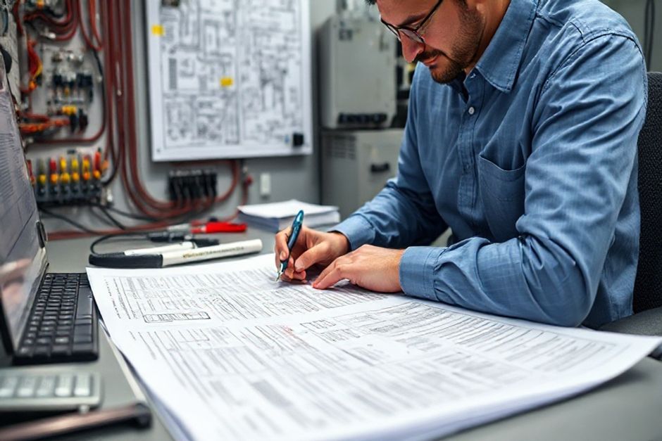 An Advanced Mechanix electrical engineer reviewing detailed wiring diagrams and code compliance documents for a Philadelphia industrial facility.