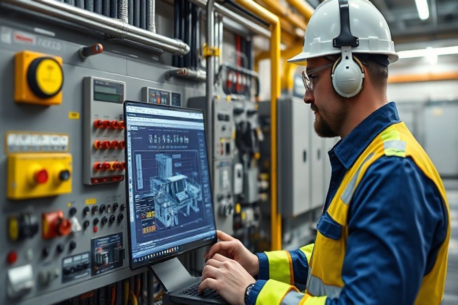 Adelaide electrical engineer using advanced CAD software to create a detailed 3D model of a mining facility's electrical system, including safety features and automation controls.