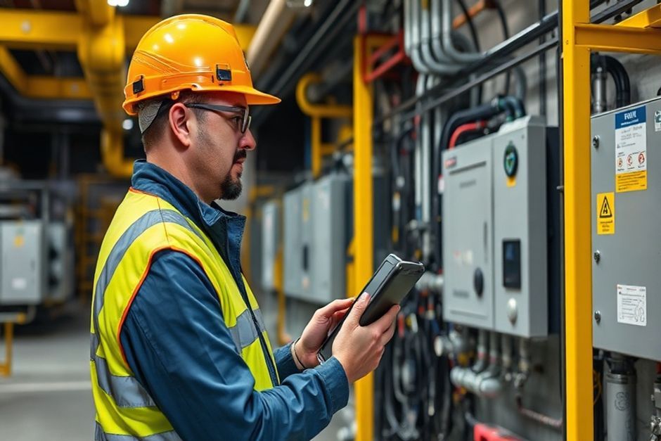 Mining engineer from Advanced Mechanix inspecting electrical infrastructure and control systems at a Portland mining operation using digital twin technology.