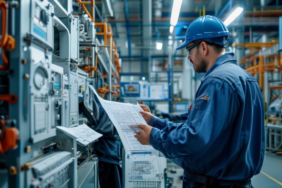 Advanced Mechanix engineer reviews electrical panel layout blueprints with an industrial operations manager at a Portland facility.