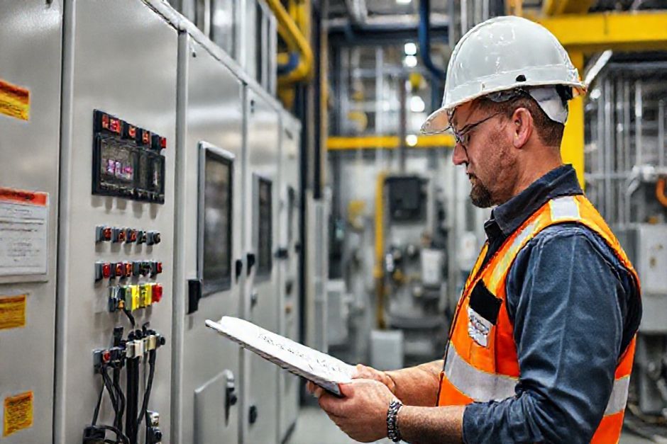 Electrical engineer from Advanced Mechanix performing a safety audit at a Brisbane manufacturing facility.