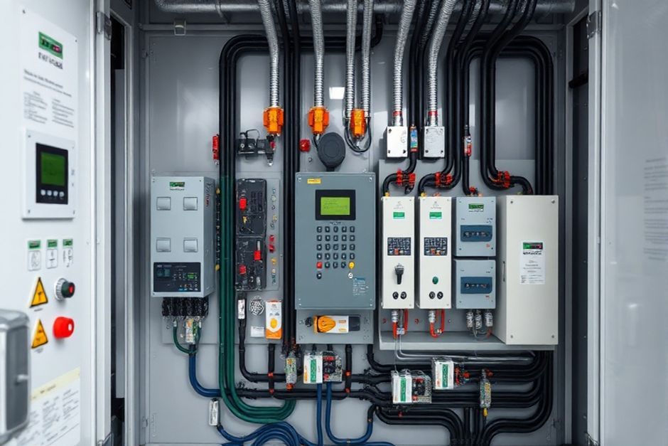 Close-up view of an electrical panel layout design incorporating energy-efficient technologies and smart grid solutions.