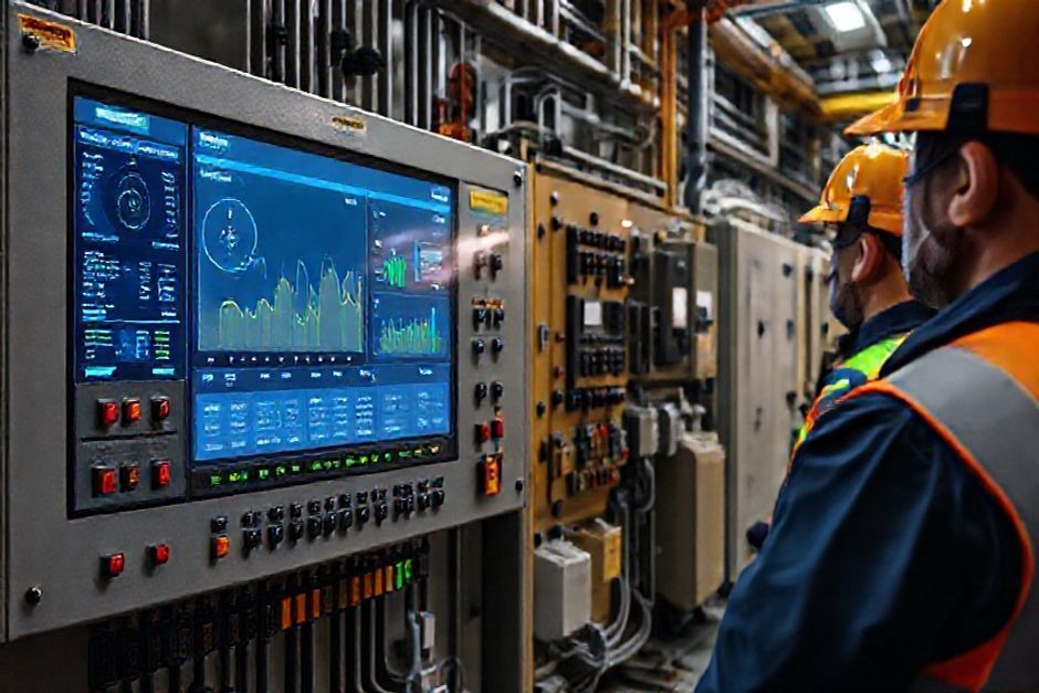 Close-up view of an electrical control panel displaying an integrated energy management system interface in an industrial mining facility in Adelaide, Australia.