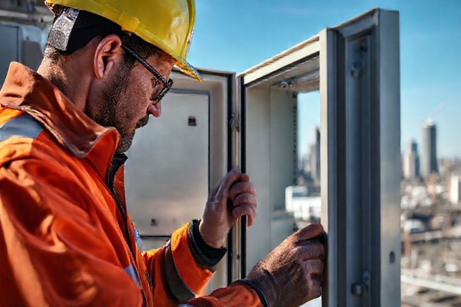 Electrical engineer inspecting an explosion-proof enclosure for use in hazardous area electrical systems in Sydney.
