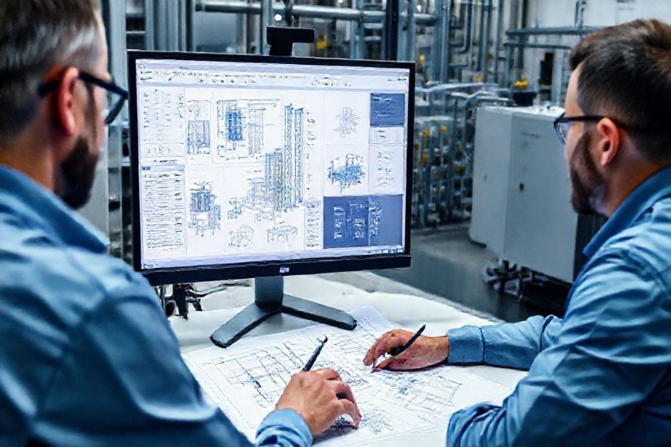 Advanced Mechanix engineers using CAD software to design a high voltage substation for a Seattle industrial facility.