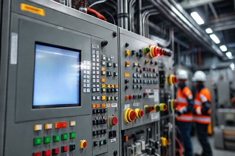 Close-up view of an advanced industrial control panel with PLC and SCADA integration