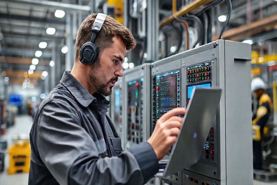 Advanced Mechanix control systems engineer troubleshooting a PLC in an industrial facility in Adelaide, South Australia.