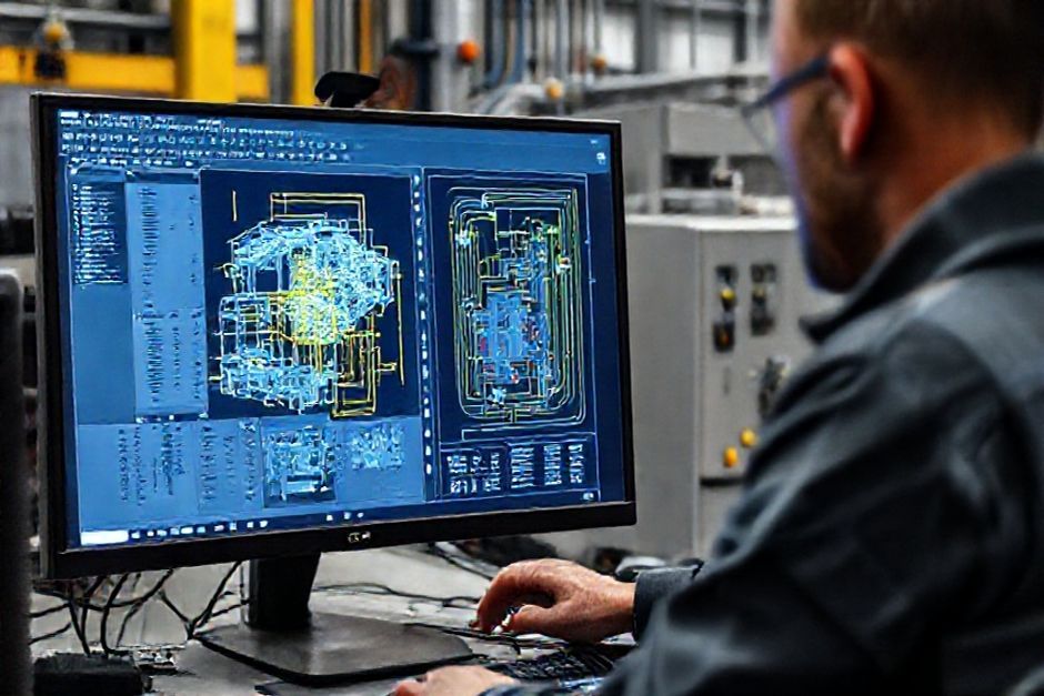 Advanced Mechanix engineers using AutoCAD Electrical software to design a detailed electrical layout and wiring diagram for a mining operation in Portland, Oregon.