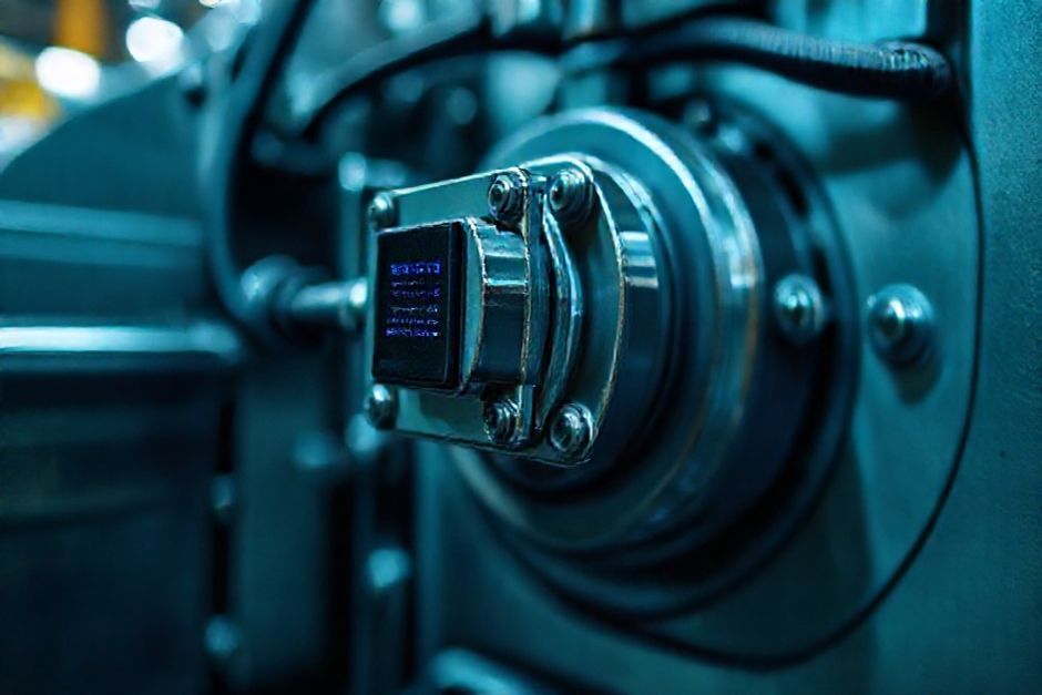 Close-up of an IIoT sensor monitoring an industrial machine in a San Antonio manufacturing facility.