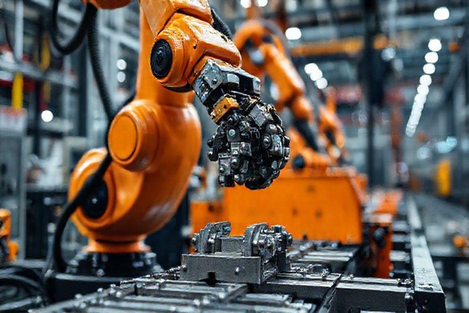 A close-up view of an industrial robot arm carefully maneuvering a heavy metal part on an assembly line in an Adelaide manufacturing facility.