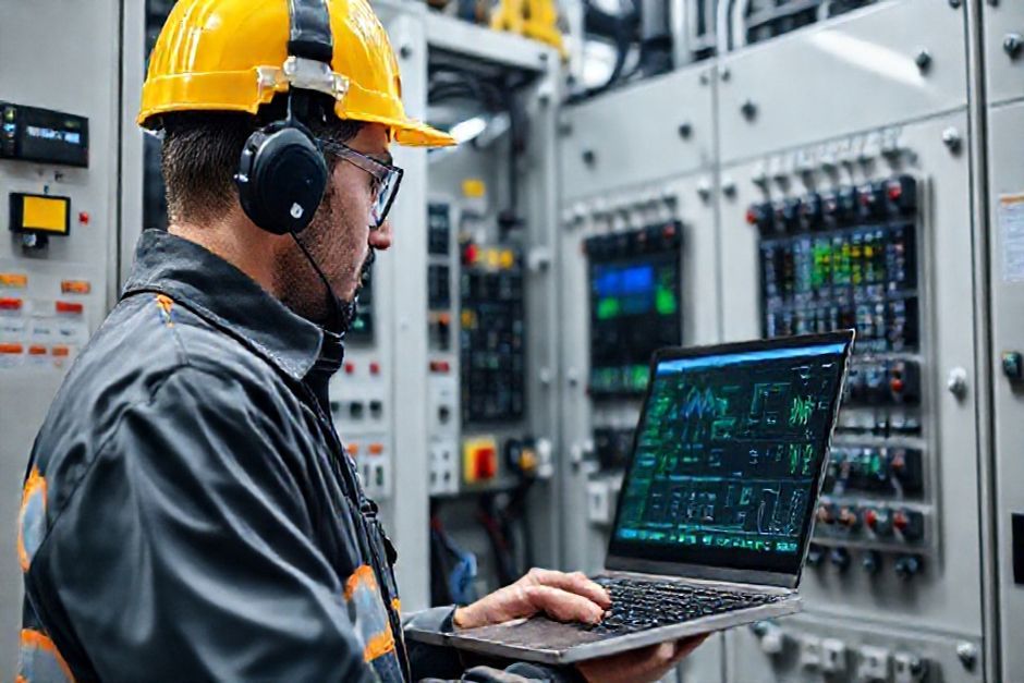 An Advanced Mechanix engineer monitoring and diagnosing a PLC system in a Gold Coast industrial facility, using IIoT technologies to optimize performance.