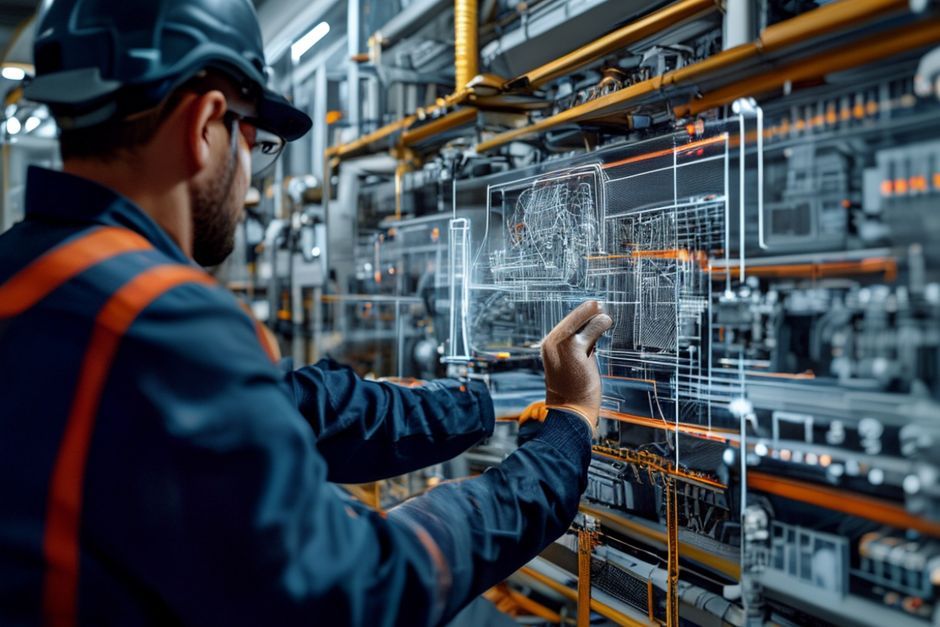 An engineer using laser scanning technology to capture as-built data for a digital twin of an industrial facility in Los Angeles.