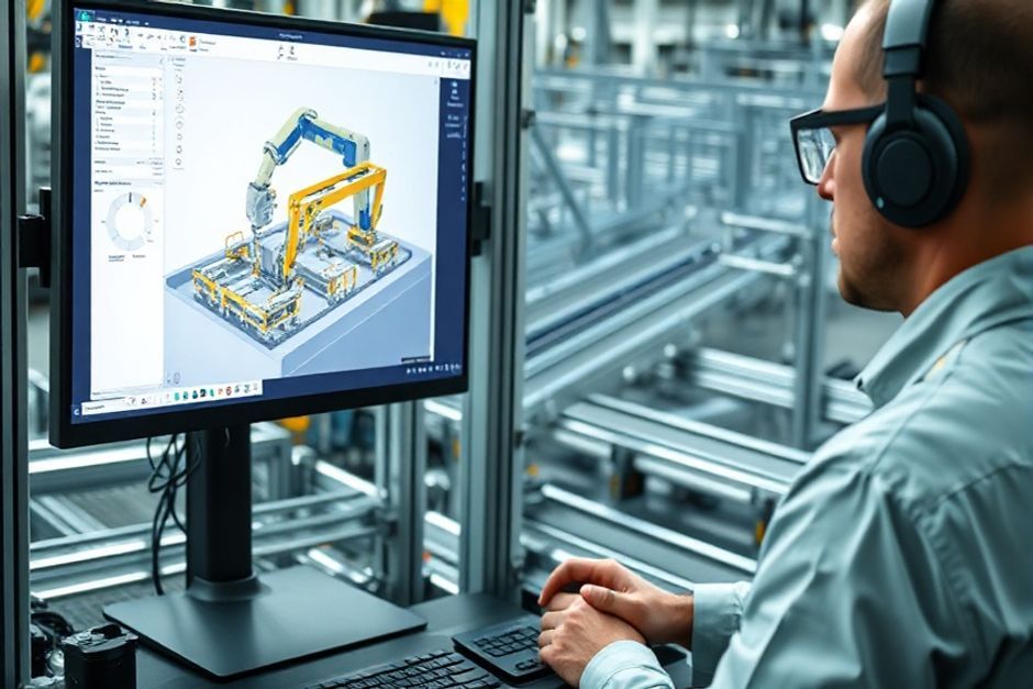 Advanced Mechanix engineer using CAD software to design an automated material handling system for a Darwin manufacturer.