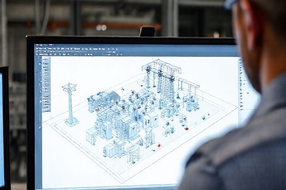 A close-up view of a 3D model of a medium voltage substation design being reviewed by an engineer from Advanced Mechanix.