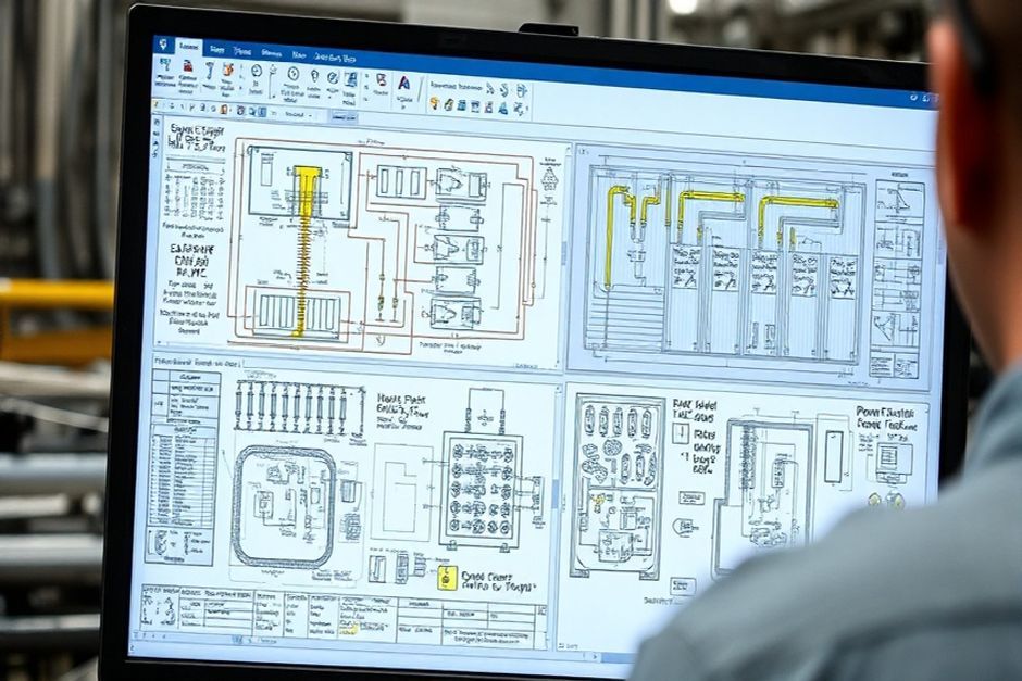 Close-up view of an engineer's computer screen displaying detailed MicroStation electrical schematics and wiring diagrams for a mining facility in Adelaide, Australia.