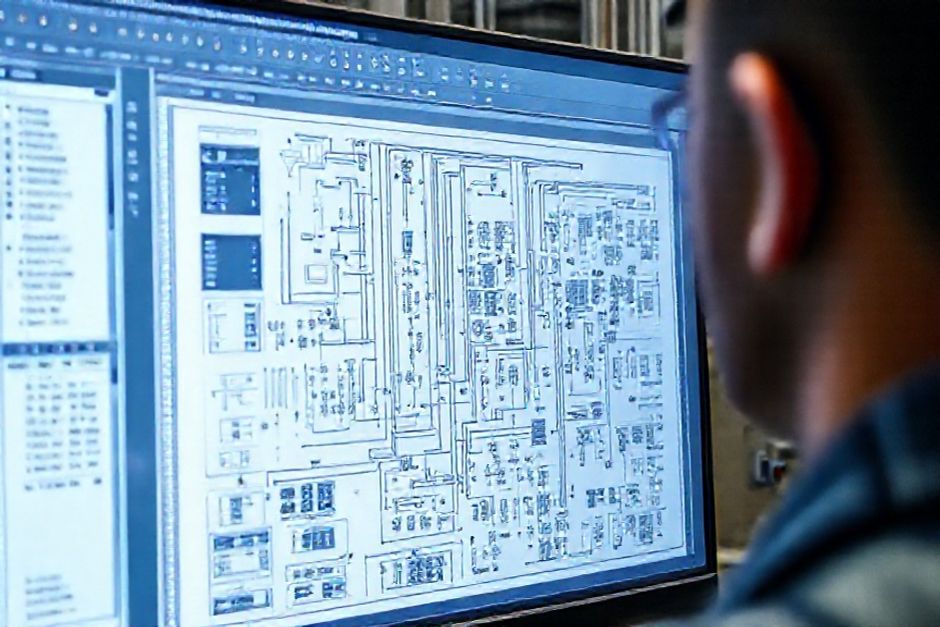 Close-up view of a MicroStation electrical schematic diagram with advanced design tools.