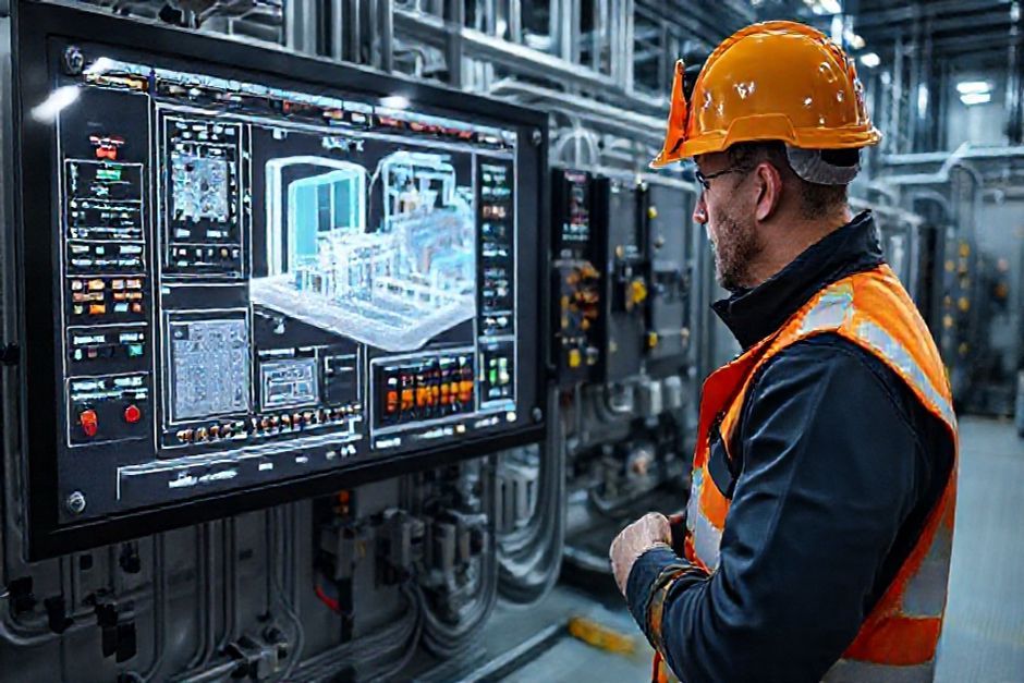 A mining engineer using a large touchscreen display to review a 3D digital twin model of an electrical control system for a mining facility in the Seattle area.