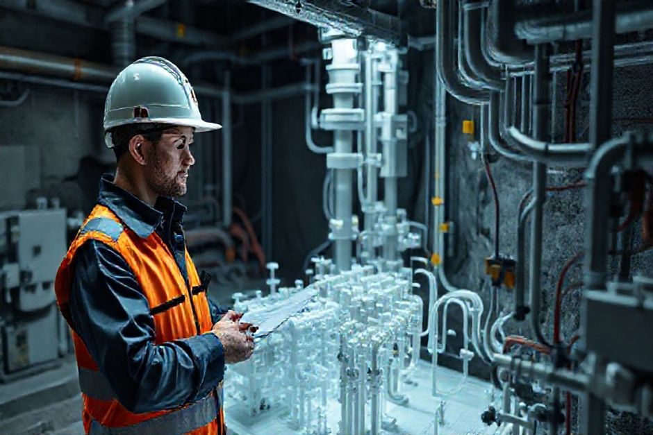 A mining engineer from Advanced Mechanix reviewing a 3D MicroStation model of an underground electrical system for a mining operation in Brisbane.