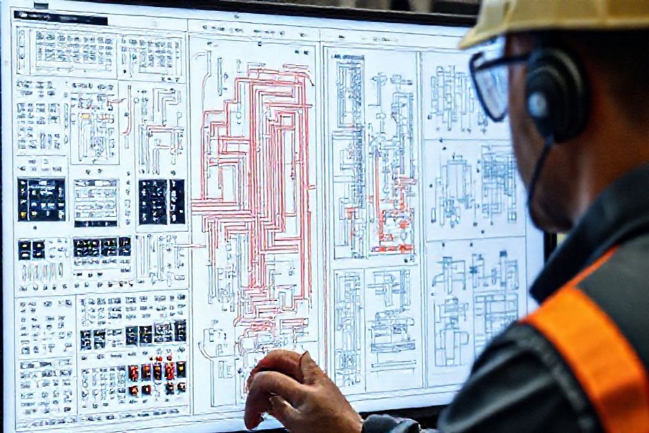 Close-up view of an electrical CAD technician working on detailed 2D schematics for a mining operation's electrical control system