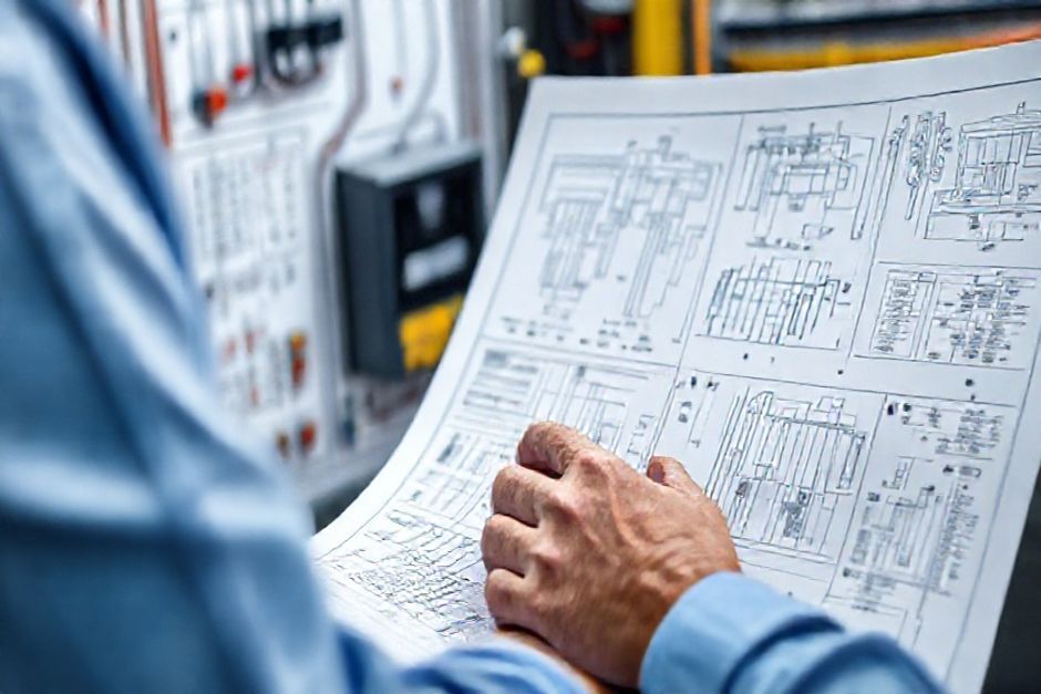 A close-up view of an Advanced Mechanix engineer reviewing AutoCAD electrical schematics and diagrams for a mining project in Austin, Texas.